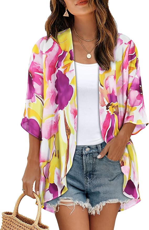 Women's Floral Print Puff Sleeve Kimono Cardigan Loose Cover Up Casual Blouse by CHICGAL