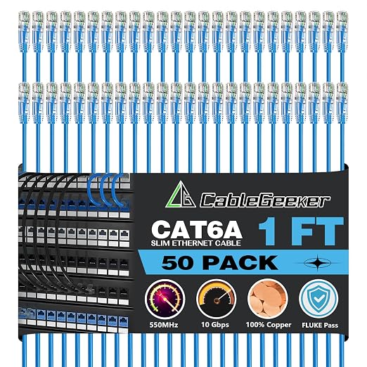 CableGeeker Patch Cables Cat6a 1ft Slim, Cat6 Ethernet Patch Cable 10G Support by CableGeeker