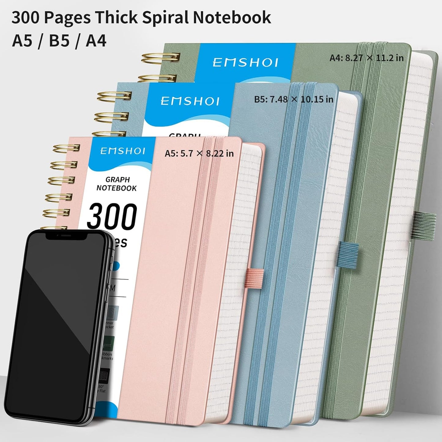 EMSHOI Spiral Graph Paper Notebook - 300 Pages, 100 GSM Thick Grid Notebook, B5 Large Hardcover Leather Journal for Women Men Work School Writing Engineering Graphing, 7.48" x 10.15", Light Green