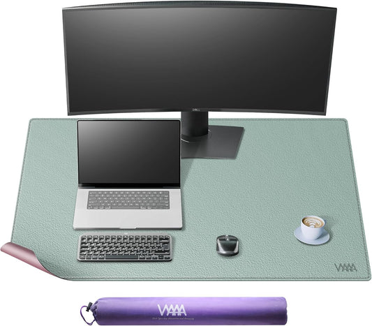 Vyaaa PU Leather Desk Mat, 39.4“ x 23.6” XXL Leather Desk Pad, Waterproof Extra Large Desk Mat, Large Mouse Pad, Desk Mats on top of Desks for Home or Office (Pink & Green)