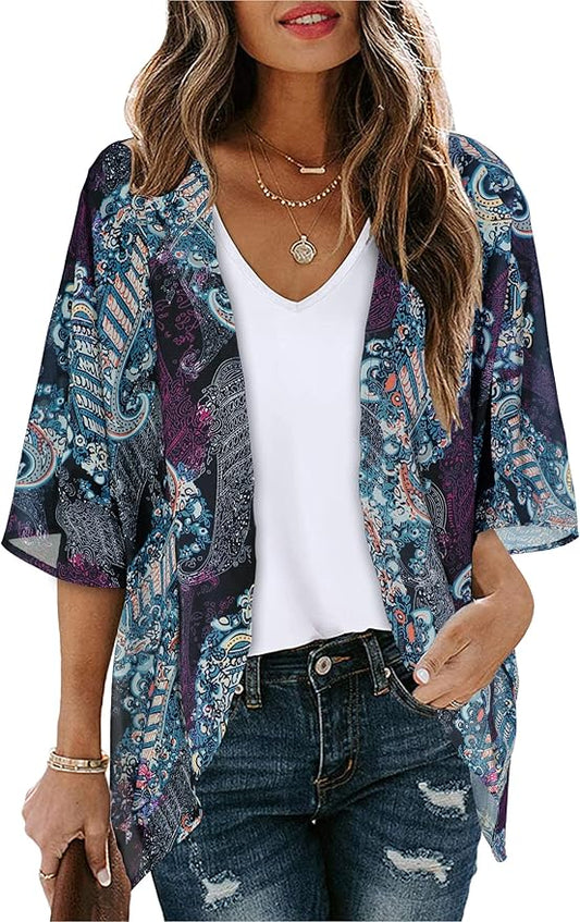 Women's Floral Print Puff Sleeve Kimono Cardigan Loose Cover Up Casual Blouse by CHICGAL