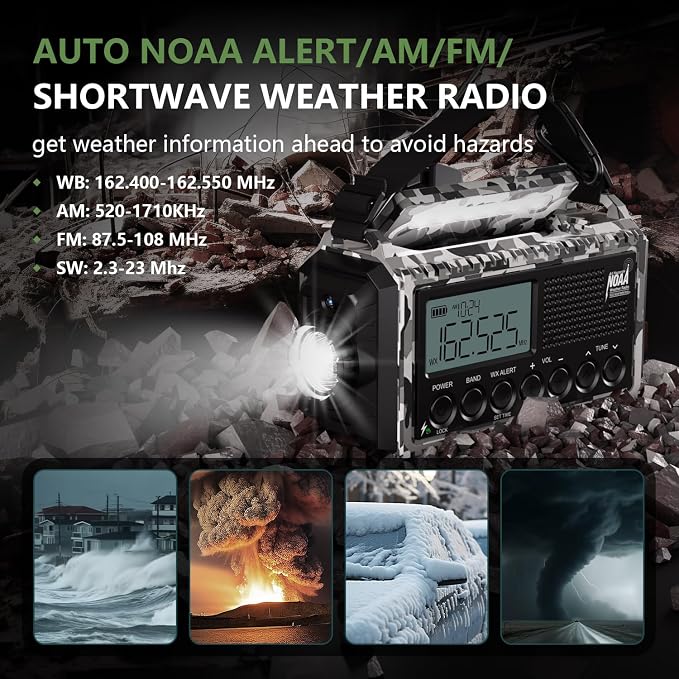 Emergency Radio 12000mAh AUTO NOAA Weather Radio, Solar Hand Crank Portable - Image 7