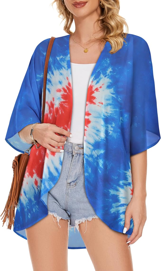 Women's Floral Print Puff Sleeve Kimono Cardigan Loose Cover Up Casual Blouse - Image 2