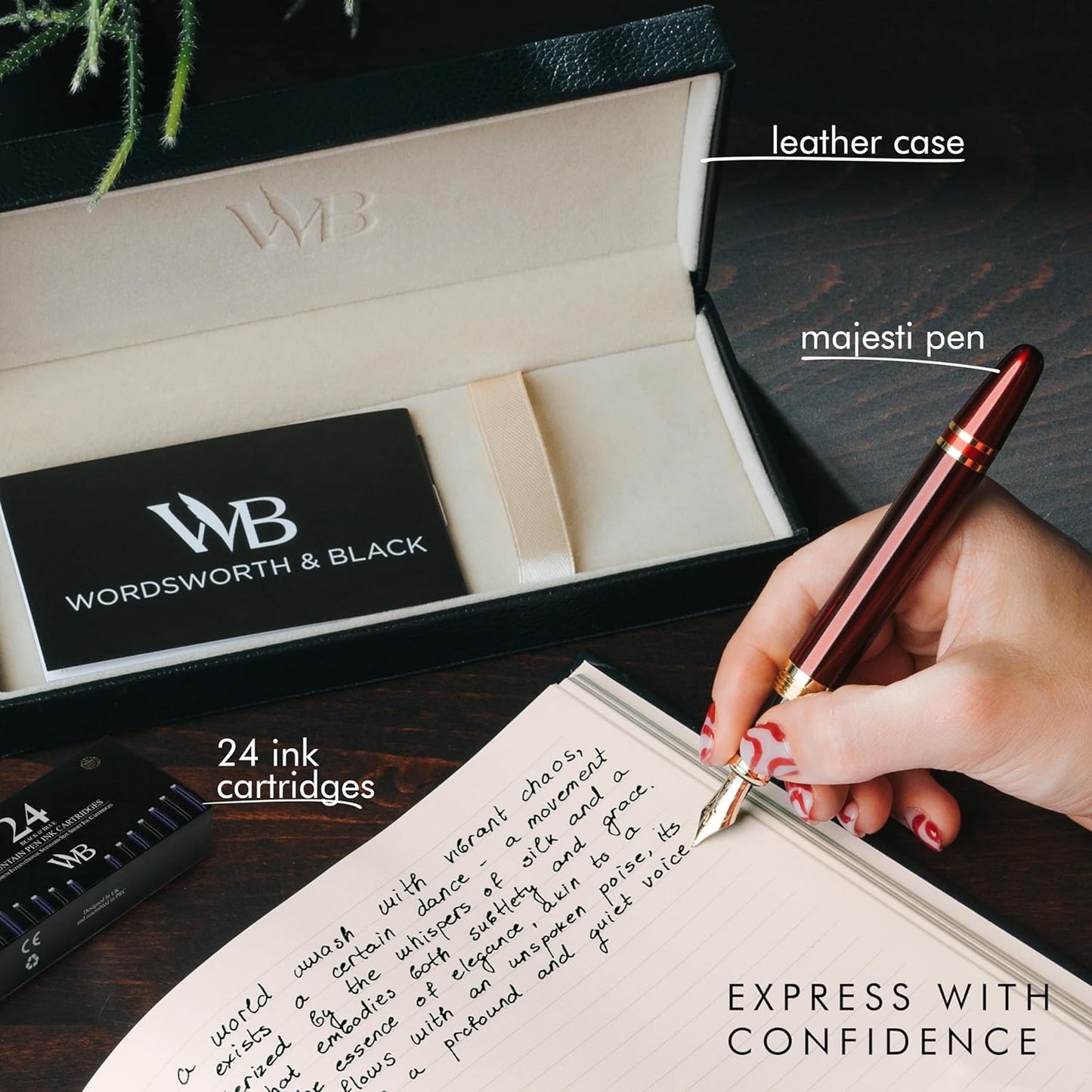 Wordsworth & Black Majesti Fountain Pen-(Red), Luxury Case, 24K Gold Finish; 18K Gilded Extra Fine Nib- Ink Cartridges, Refillable Ink Converter-Calligraphy Pen-Best Business Gift Set for Men & Women