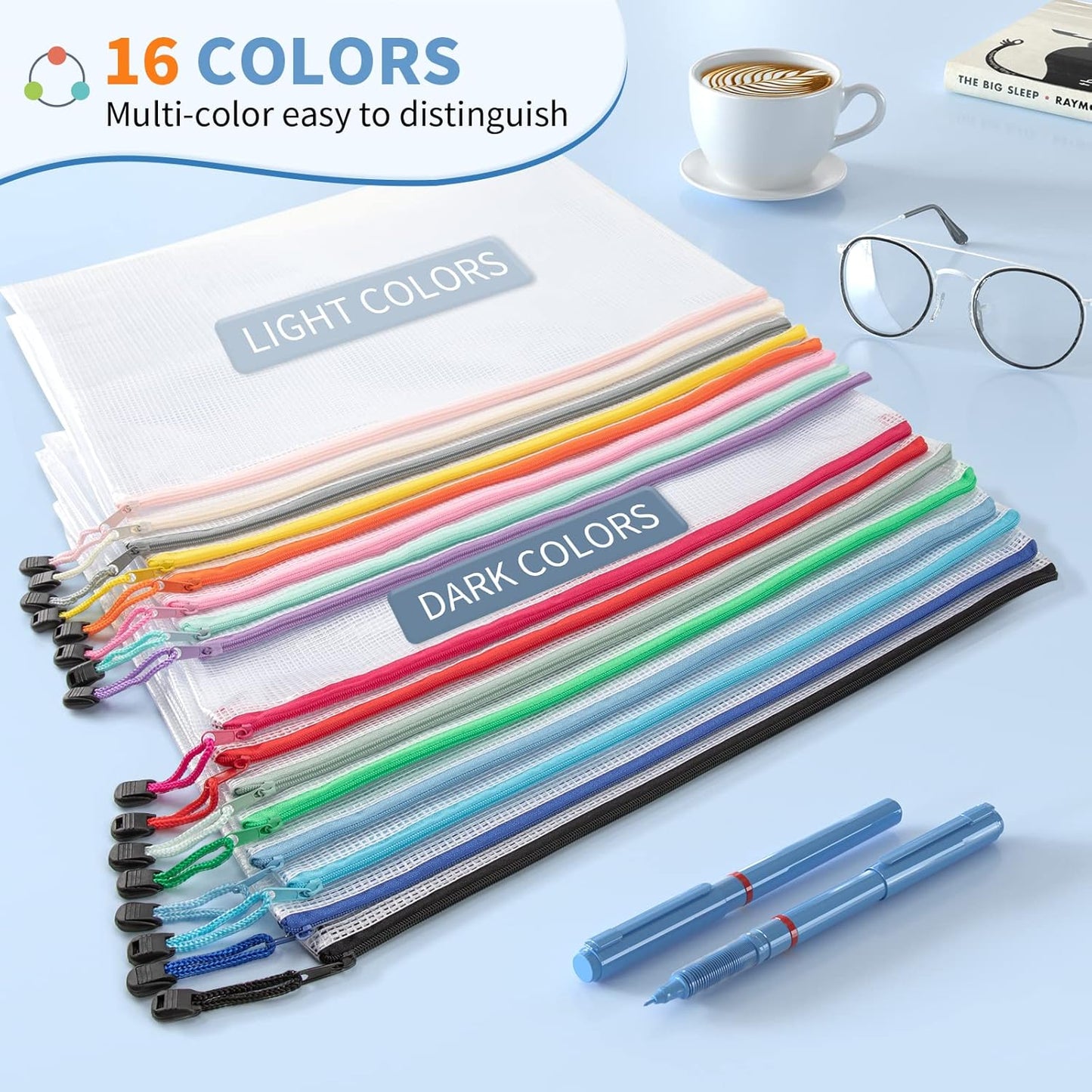 Umriox 16PCS Zipper Pouch, Mesh Bags with Zipper, 16 Color A4/Letter Size Pouches for Organization, Clear Zipper Pouches for Puzzles, Board Games, Craft Projects