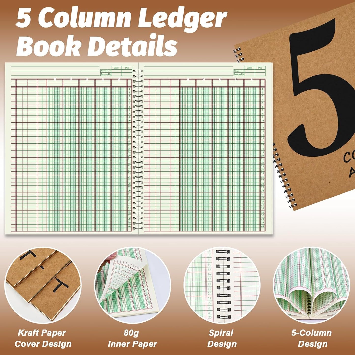 3 PCS 5 Column Ledger Book Accounting Ledger Paper Analysis Pad Financial Accounting Ledger 5 Column 8.5 * 11 Inches Log Book 5 Column 100 Pages for Bookkeeping Personal Use and Small Business