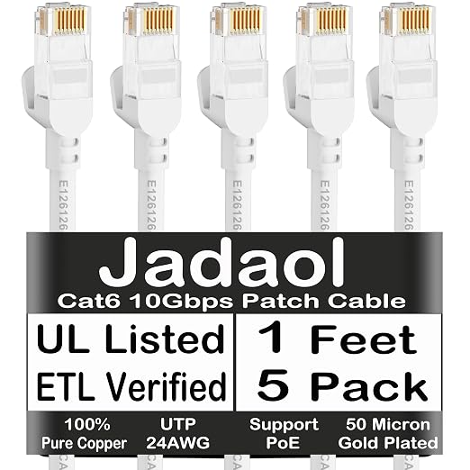 Jadaol Cat6 Ethernet Patch Cables 1ft 5-Pack, 10Gbps 24AWG Pure Copper RJ45 by Jadaol