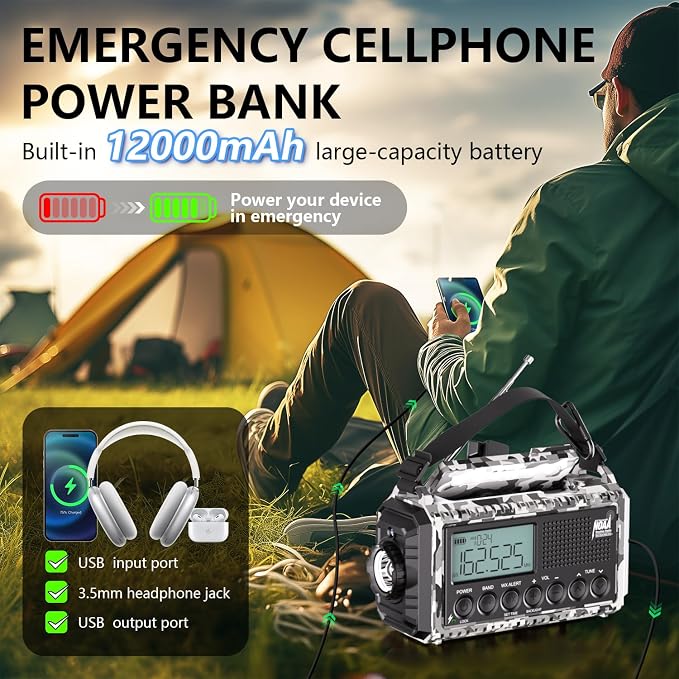 Emergency Radio 12000mAh AUTO NOAA Weather Radio, Solar Hand Crank Portable - Image 4
