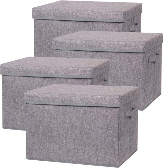 4 Pack Large Foldable Storage Box with Lids Fabric Storage Cube Organizer Cloth Containers Bins Baskets for Closet Clothes Clothing Bed Room