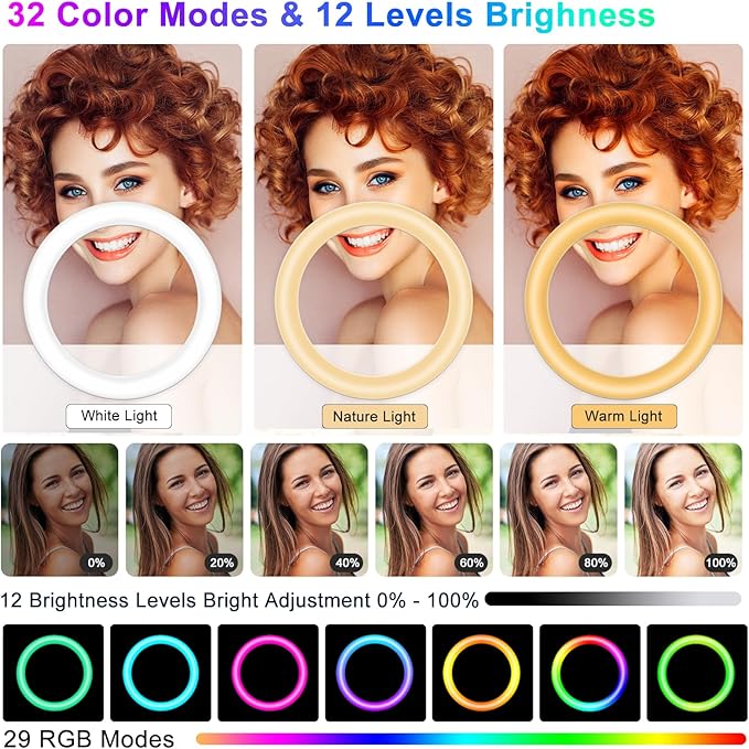 STALLY 10.2" Ring Light with Stand, 12 Dimming Levels, 32 Color Modes Selfie - Image 2