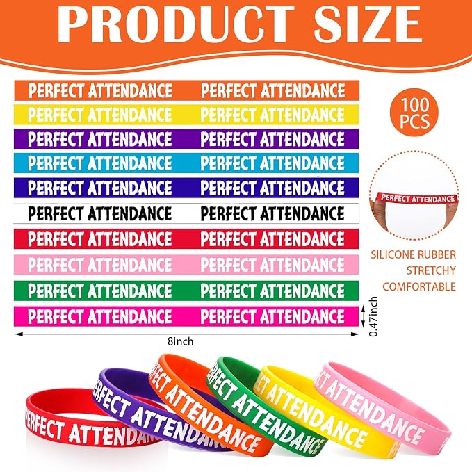 100 Pcs Perfect Attendance Silicone Wristbands 10 Assorted Color Reward Rubber - Image 2