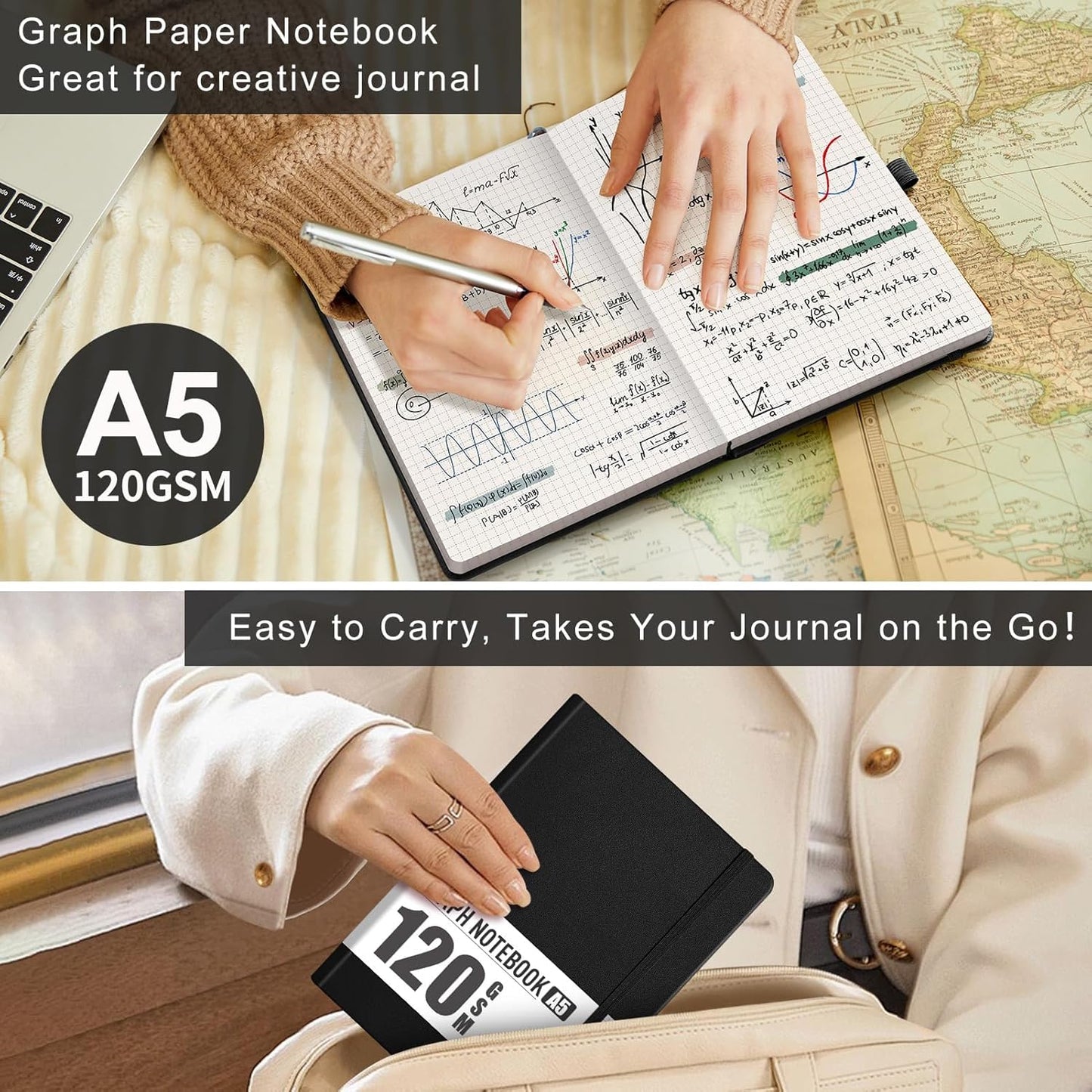 AHGXG Graph Paper Notebook - Grid Notebook Journal A5, 120 GSM Thick Graph Paper, 160 Pages, Leather Hardcover, for Graphing, Writing, Math, Engineering, 5.75'' × 8.38''- Black