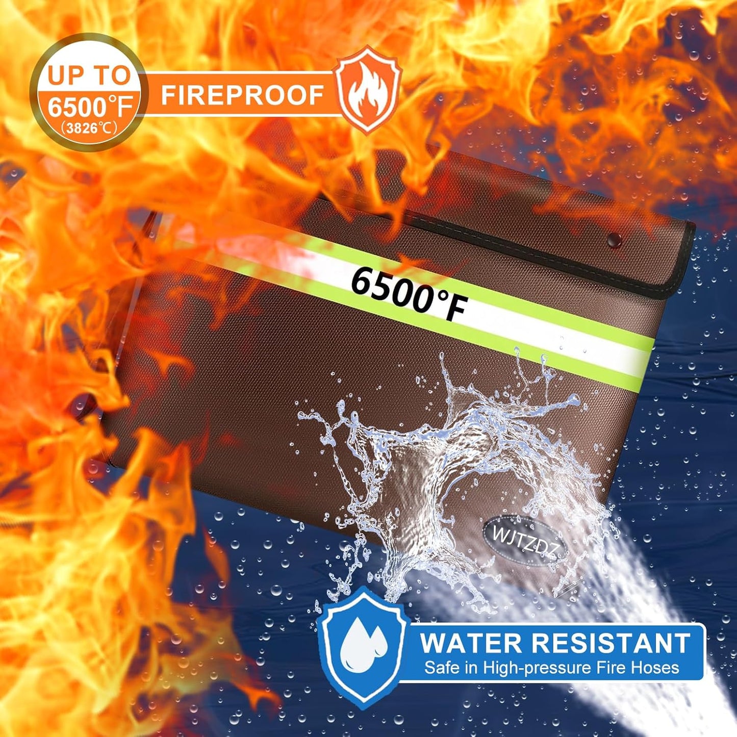 6500°F Fireproof Document Bag,Upgraded Fireproof Money Bag with Waterproof Zipper,10 Layers Heat Insulated Materials/Reflective Strip with Handle for Important Documents（Not Fit A4 Files）