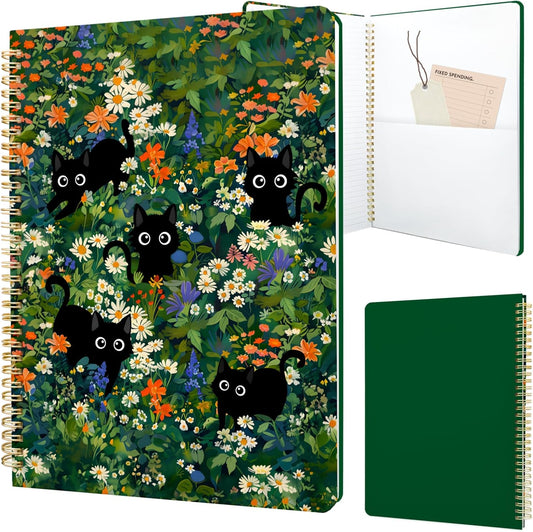 Cute Spiral Notebook journal A4 Aesthetic Pretty Design for Women Girls Kawaii with Pocket, 8.5 x 11 inch, Lined, Cat Garden