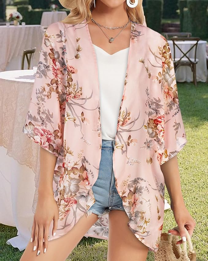 Women's Floral Print Puff Sleeve Kimono Cardigan Loose Cover Up Casual Blouse - Image 5