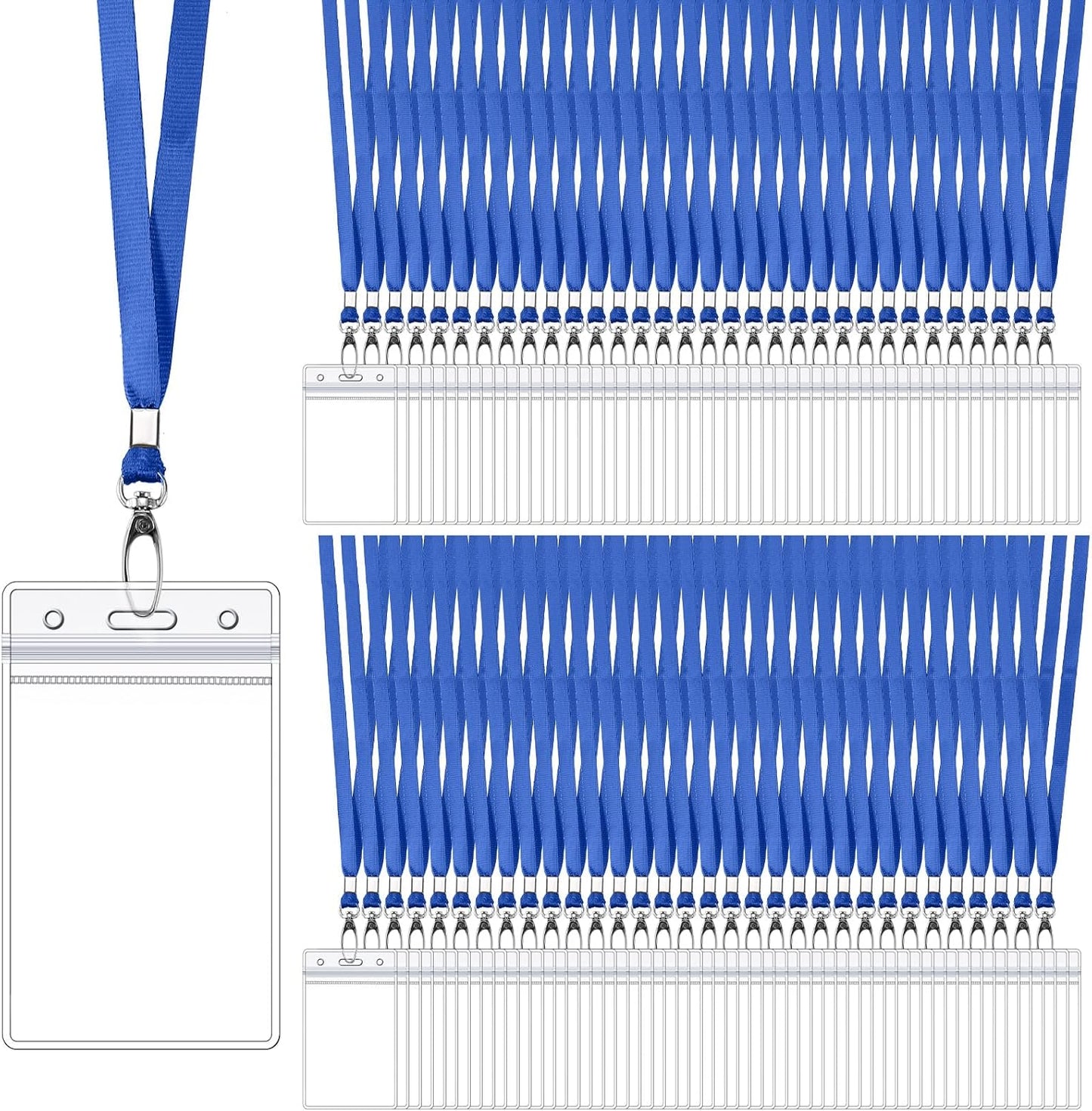 Fumete 100 Sets Name Tag Lanyards with ID Badge Holder Durable Clear Cruise Teacher Lanyards with Plastic Waterproof ID Badge Holders Bulk for Adults Teacher School Office Ship Cards(Navy Blue)