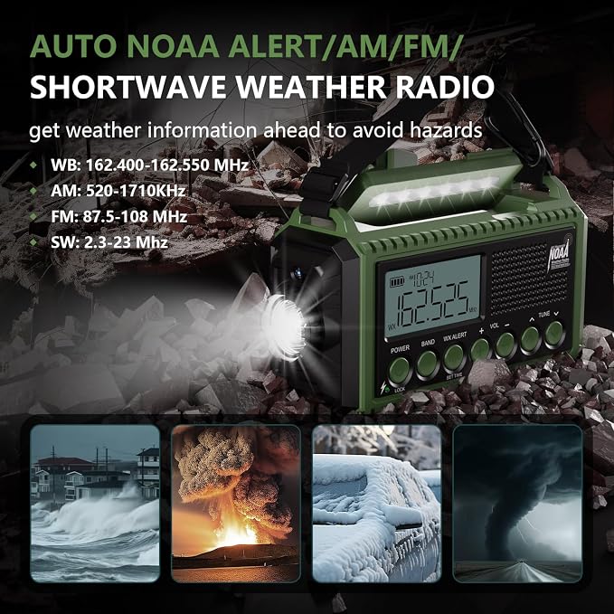NOAA Emergency Radio with Auto Weather Alerts - 12000mAh Solar Hand Crank - Image 2