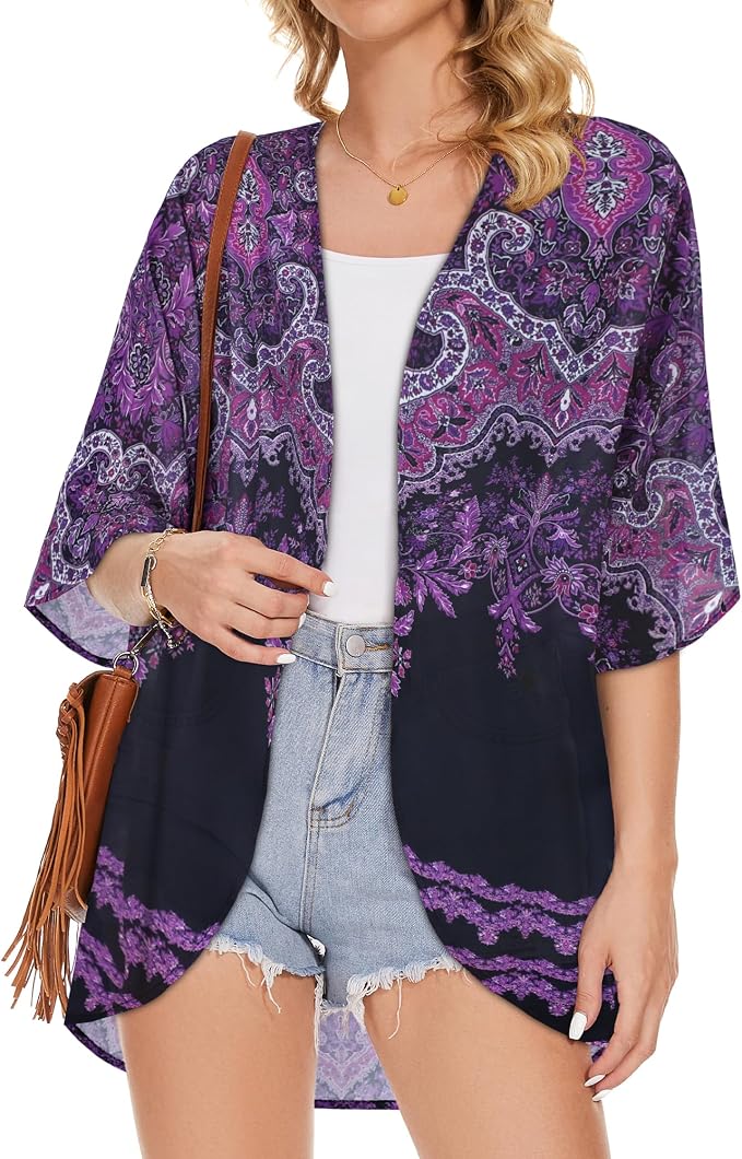 Women's Floral Print Puff Sleeve Kimono Cardigan Loose Cover Up Casual Blouse - Image 3