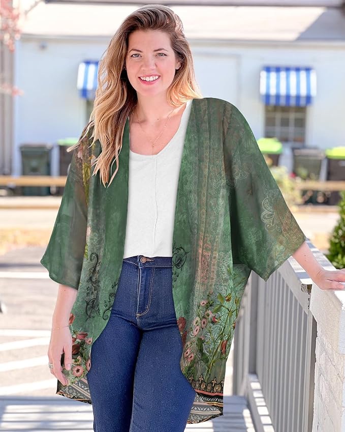 Women's Floral Print Puff Sleeve Kimono Cardigan Loose Cover Up Casual Blouse - Image 2