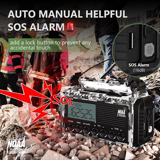 Emergency Radio 12000mAh AUTO NOAA Weather Radio, Solar Hand Crank Portable - Image 2