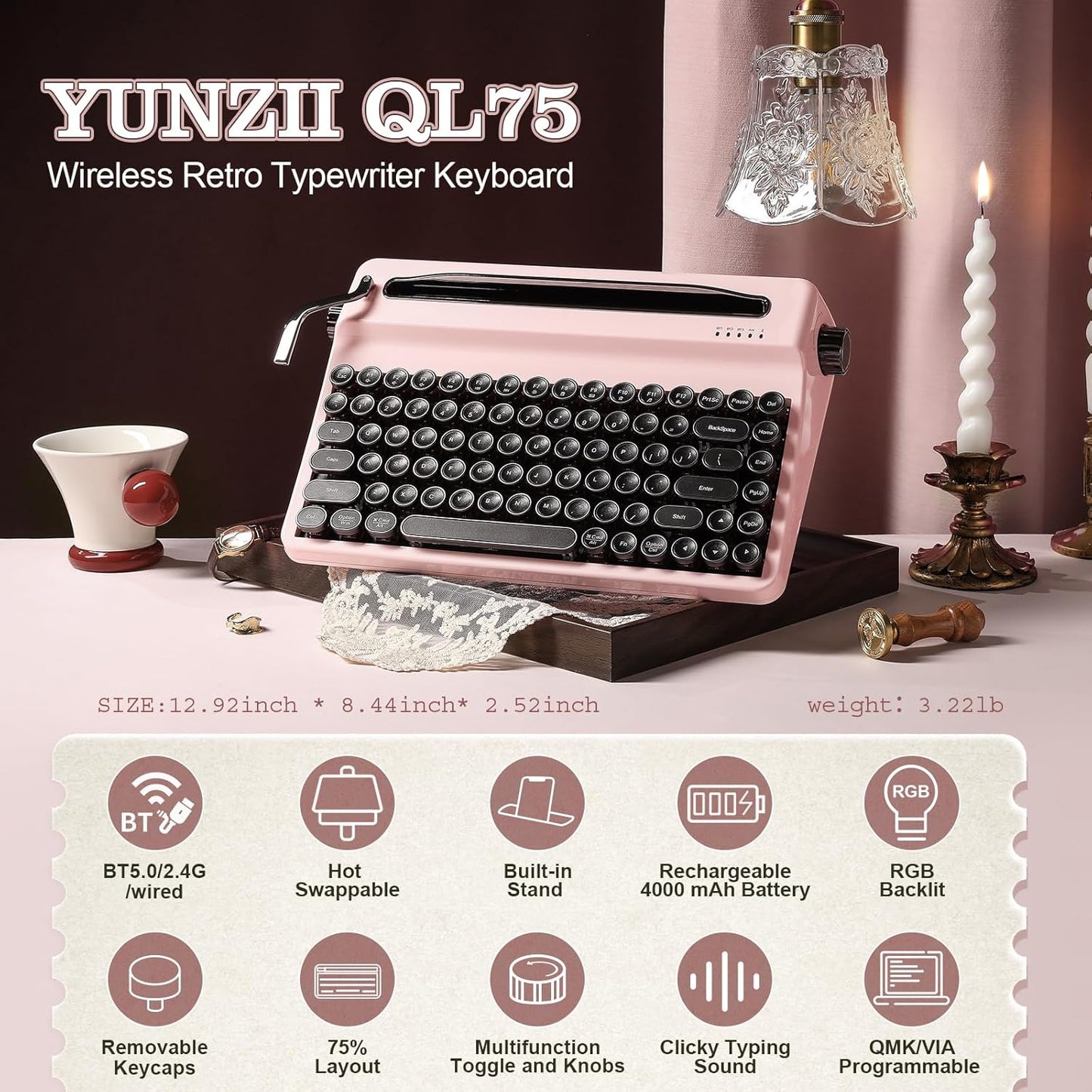 YUNZII QL75 Wireless Typewriter Hot Swap Retro Mechanical Keyboard,Punk Round Keycaps,RGB Backlit QMK/VIA Programmable,Multi-Device Keyboard with 2.4GHz/Type-C/BT5.0 (Pink, Onyx Switch)