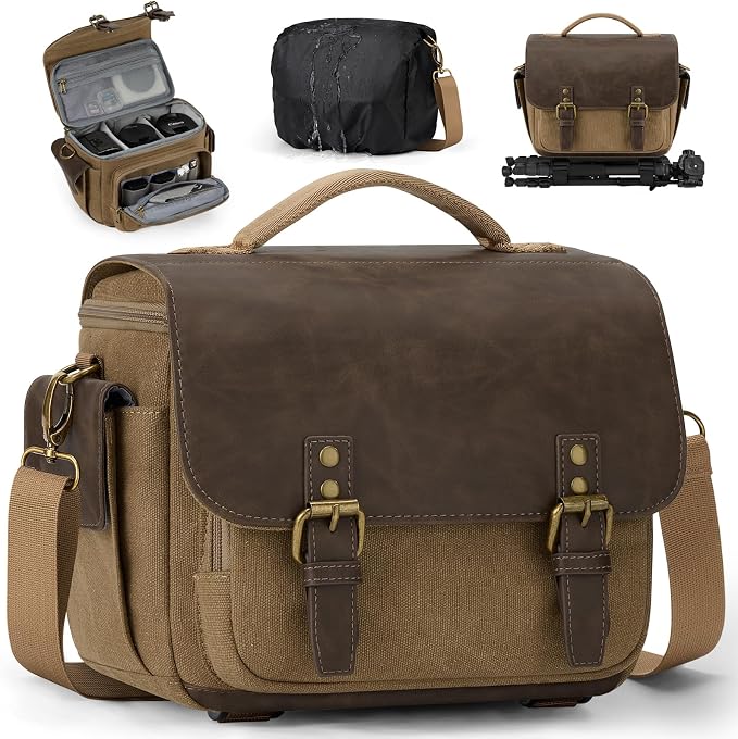 RAINSMORE Camera Bag, Vintage Canvas Camera Sling Bag Small Waterproof DSLR SLR by RAINSMORE