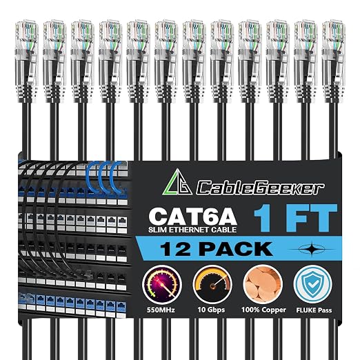 CableGeeker Patch Cables Cat6a 1ft Slim, Cat6 Ethernet Patch Cable 10G Support by CableGeeker