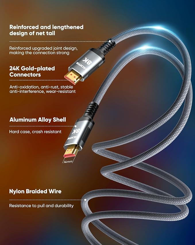 Snowkids 8K HDMI Cable 10 FT Grey, 48Gbps Ultra High-Speed HDMI 2.1 Cables Cord - Image 7