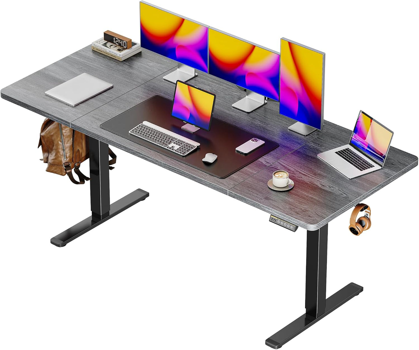 Huuger 63 x 28 Large Electric Standing Desk, Height Adjustable Computer Desk, 27.6" Deep Desktop, Stand up Gaming Office Table with 2 Hooks, 3 Preset Heights, for Home Office, Grey