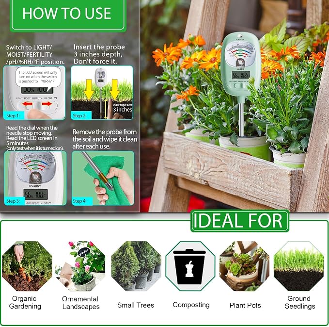 HSLGOVE Soil Test Kit, 7-in-One Soil Moisture Meter/Soil PH Meter/Fertility - Image 4