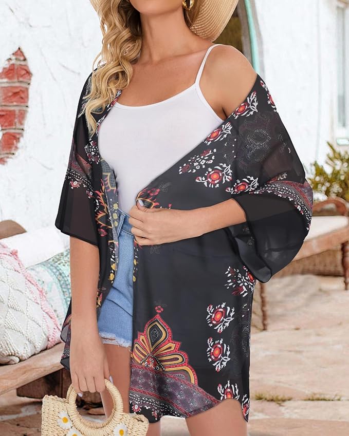 Women's Floral Print Puff Sleeve Kimono Cardigan Loose Cover Up Casual Blouse - Image 5