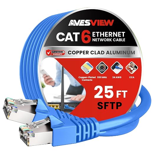 CAT 6 Shielded Ethernet Cable 25FT, Indoor High-Speed 10Gbps Snagless Shielded by AvesView