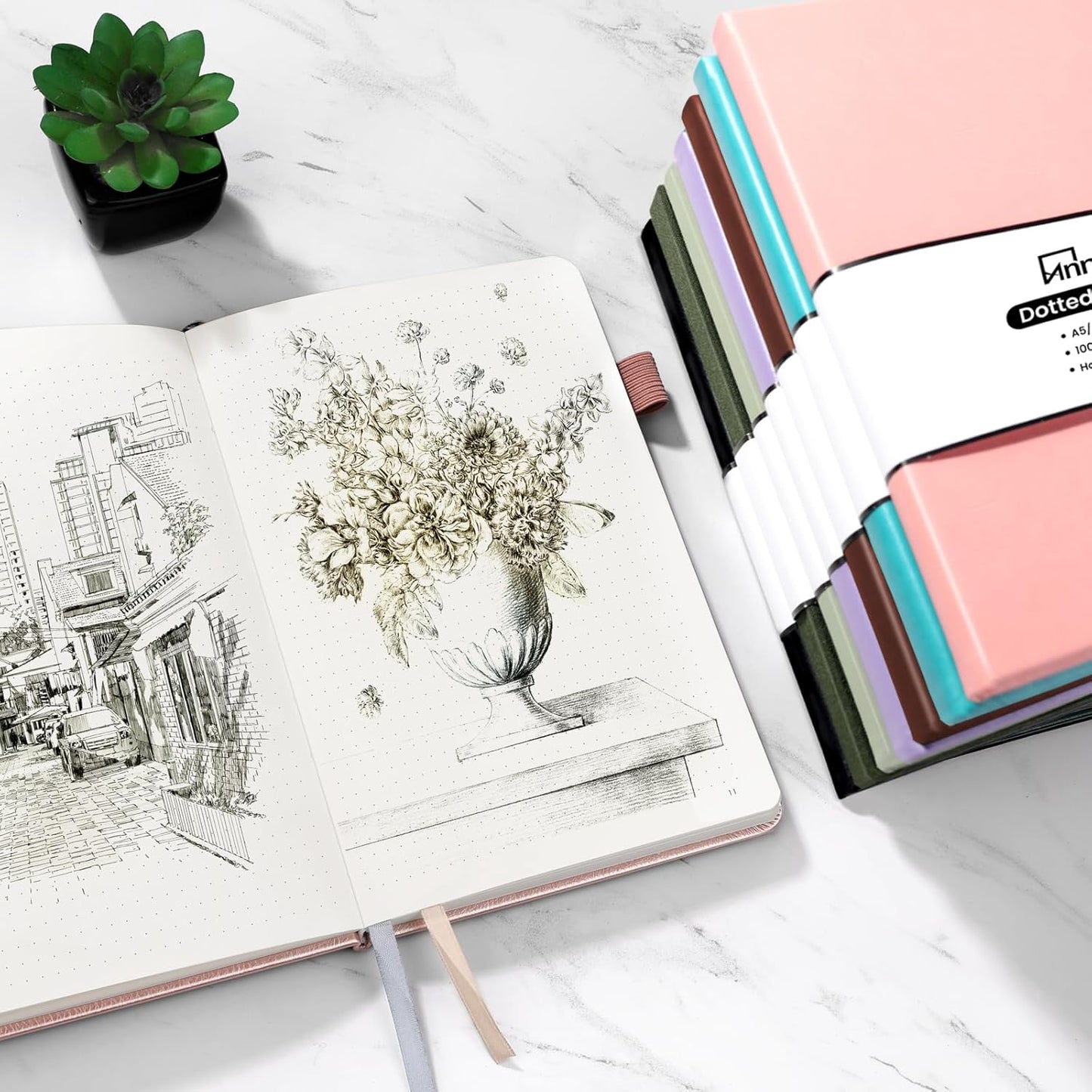 Annecy Numbered Bullet Dotted Journal Notebook, Medium 5.5x 8.25, 160 Pages 100GSM Writing Paper, A5 Grey Green Faux Leather Cover with Pen Loop