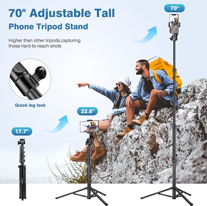70" Phone Tripod with Remote & Holder, Portable Cell Phone Stand, Selfie Stick - Image 2