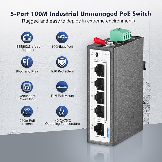 5 Port Mini PoE+ Industrial Switch, 4 Ports PoE+ and 1 Uplink, 10/100Mbps Fast - Image 2
