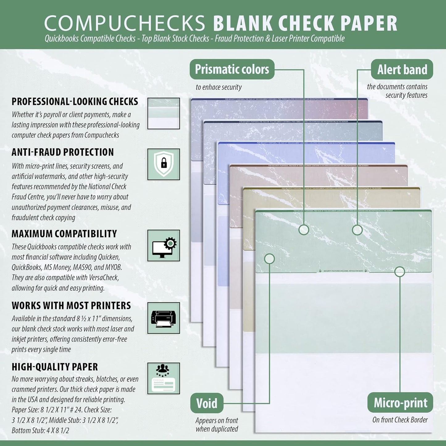 Compuchecks Top Blank Check Paper - 2500 Pack, Quick-Books & Laser Printer Compatible - Security Business Checks with Voucher - 8.5" x 11" Blue Diamond