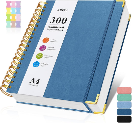Spiral Notebook 8.5" x 11", 300 Numbered Pages Notebooks College Ruled with Tabs, Hardcover Leather Lined Journal for Women Men, 100GSM Thick Journals for Writing, Large A4 Notebooks for Work School