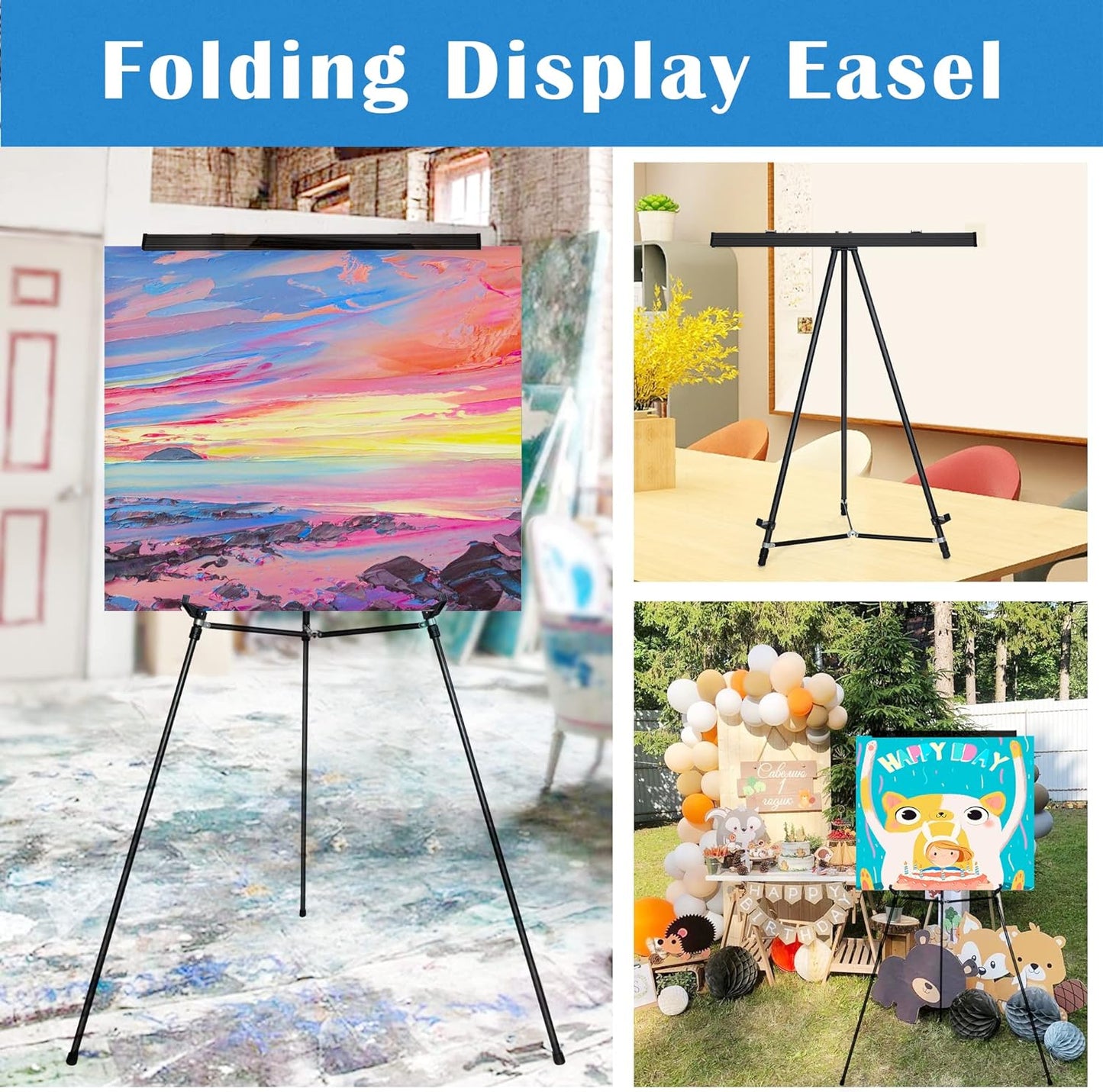 Falling in Art Aluminum Flip Chart Display Easel Stand with Adjustable Floor for Boardroom, Whiteboard, Paper Pads, Signage, 63 1/2'' High, Black,2 Pack