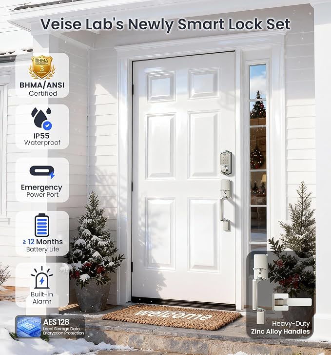 Veise VE017-D Smart Fingerprint Front Door Lock Set, App Control, 8-in-1 - Image 5