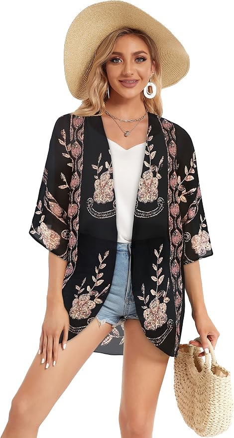 Women's Floral Print Puff Sleeve Kimono Cardigan Loose Cover Up Casual Blouse - Image 5