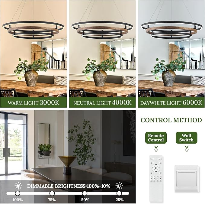 3 Ring LED Chandelier Walnut Wood Black Chandelier Light Fixture 31in Dimmable - Image 6