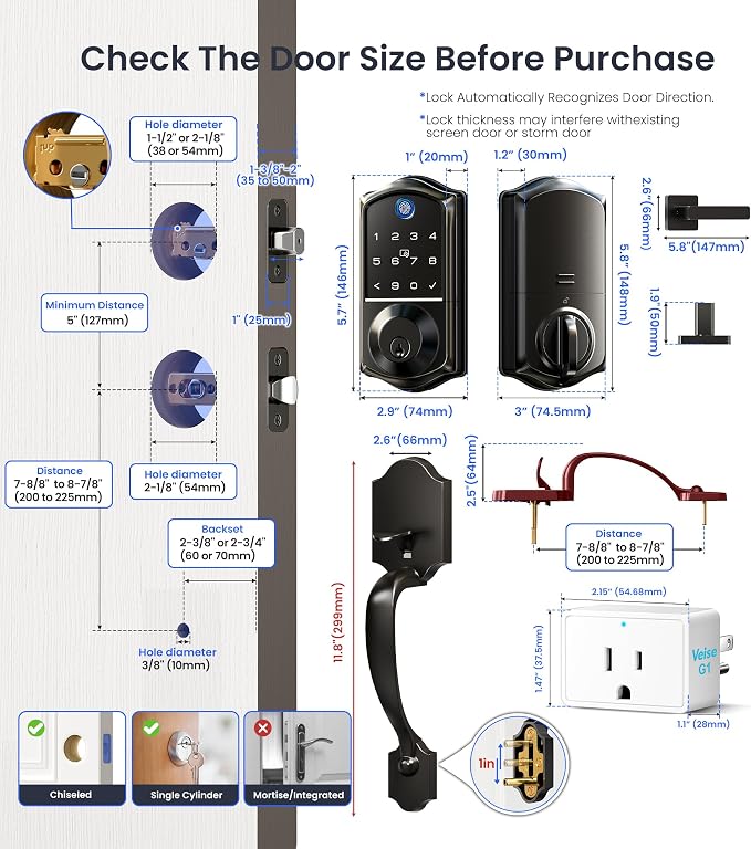 Veise VE017G-H Wi-Fi Smart Fingerprint Front Door Lock Set, Remote App Control - Image 9