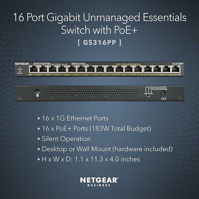 NETGEAR 16 Port PoE+ Gigabit Switch – Unmanaged Essentials Ethernet Switch - Image 2