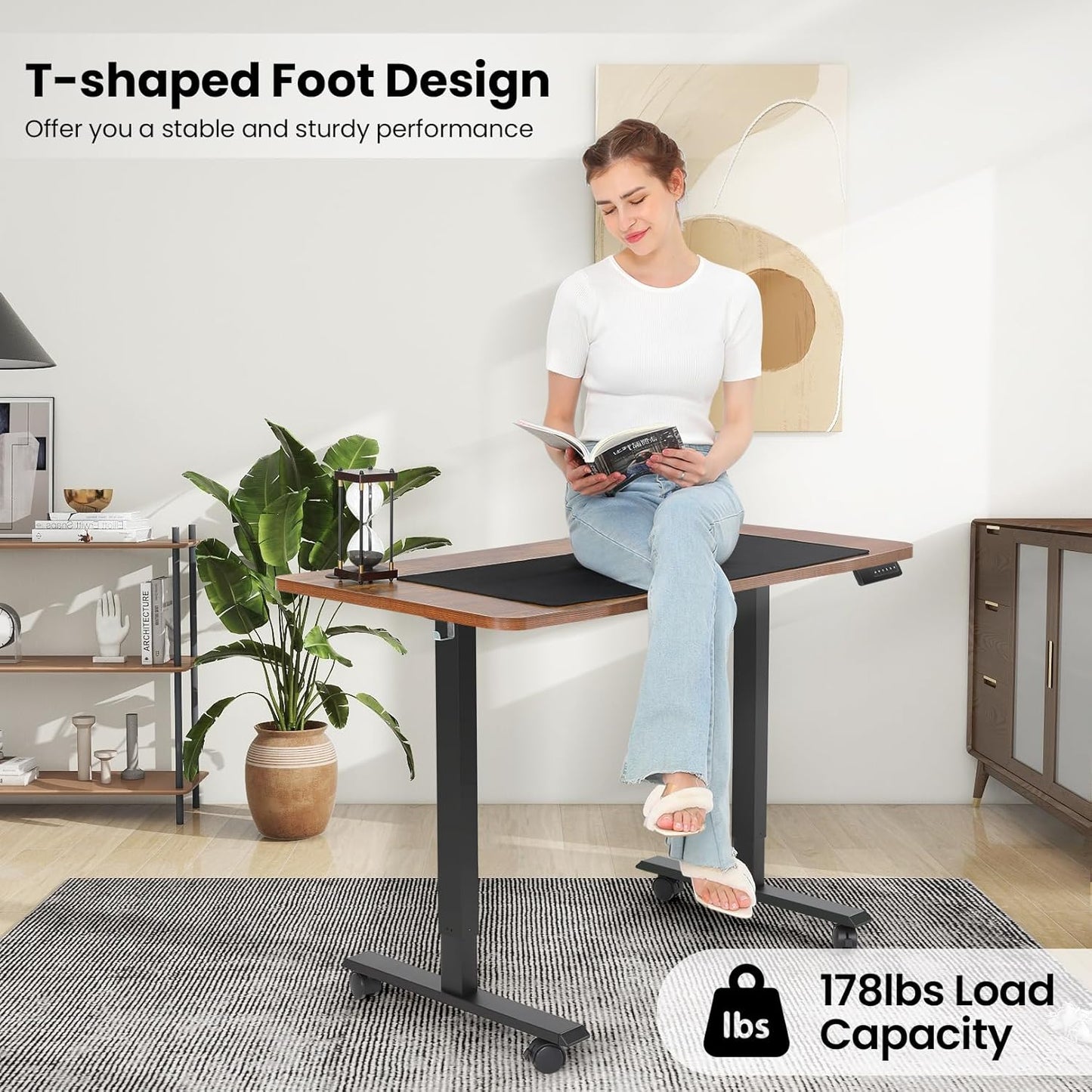 Electric Standing Desk 55 x 24 Inches Adjustable Height Ergonomic Sit Stand Up Desk Curved for Home Office Computer Workstation with 2 USB Ports 3 Power Outlets Memory Preset Wheels, Brown