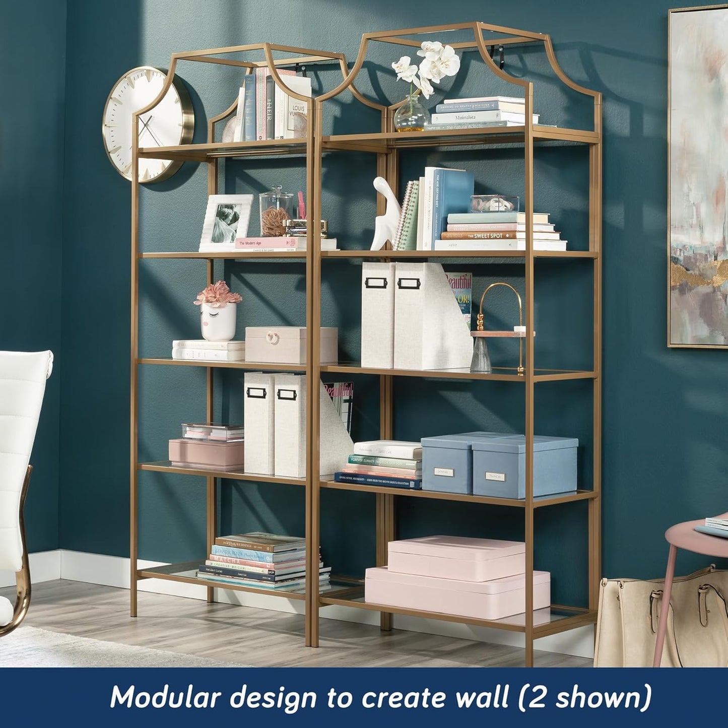 Sauder International Lux Bookcase/ book shelf, Satin Gold finish