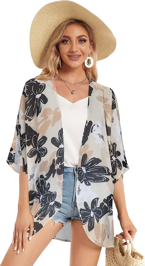 Women's Floral Print Puff Sleeve Kimono Cardigan Loose Cover Up Casual Blouse - Image 5