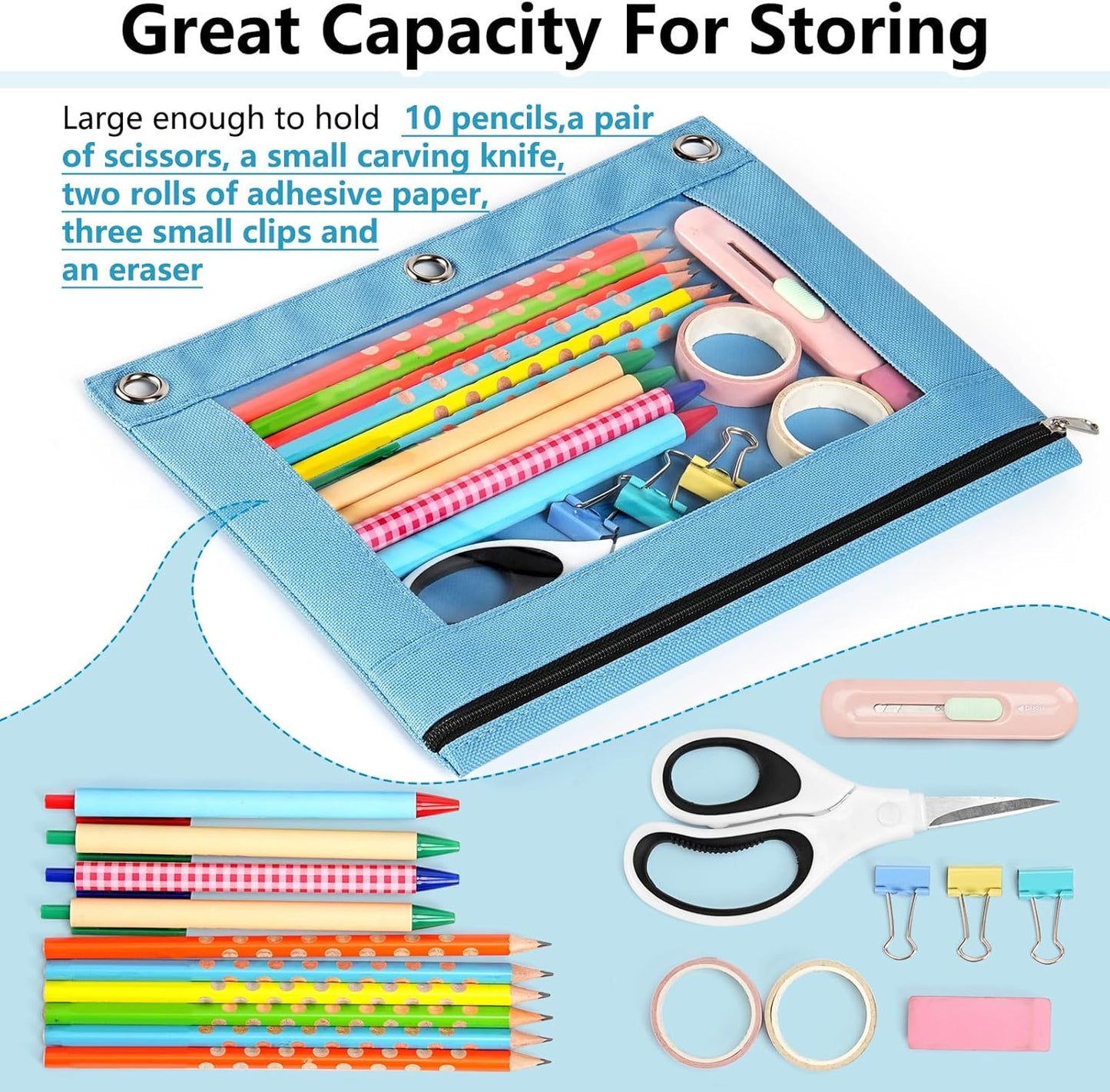 Forvencer 12 Pack Pencil Pouches for 3 Ring Binder, Smooth Zipper 3 Ring Binder Pencil Pouch, Multi-Color Pencil Case for Binder, Clear Top Binder Pencil Pouch, Pencil Bag with 3 Re-enforced Grommets