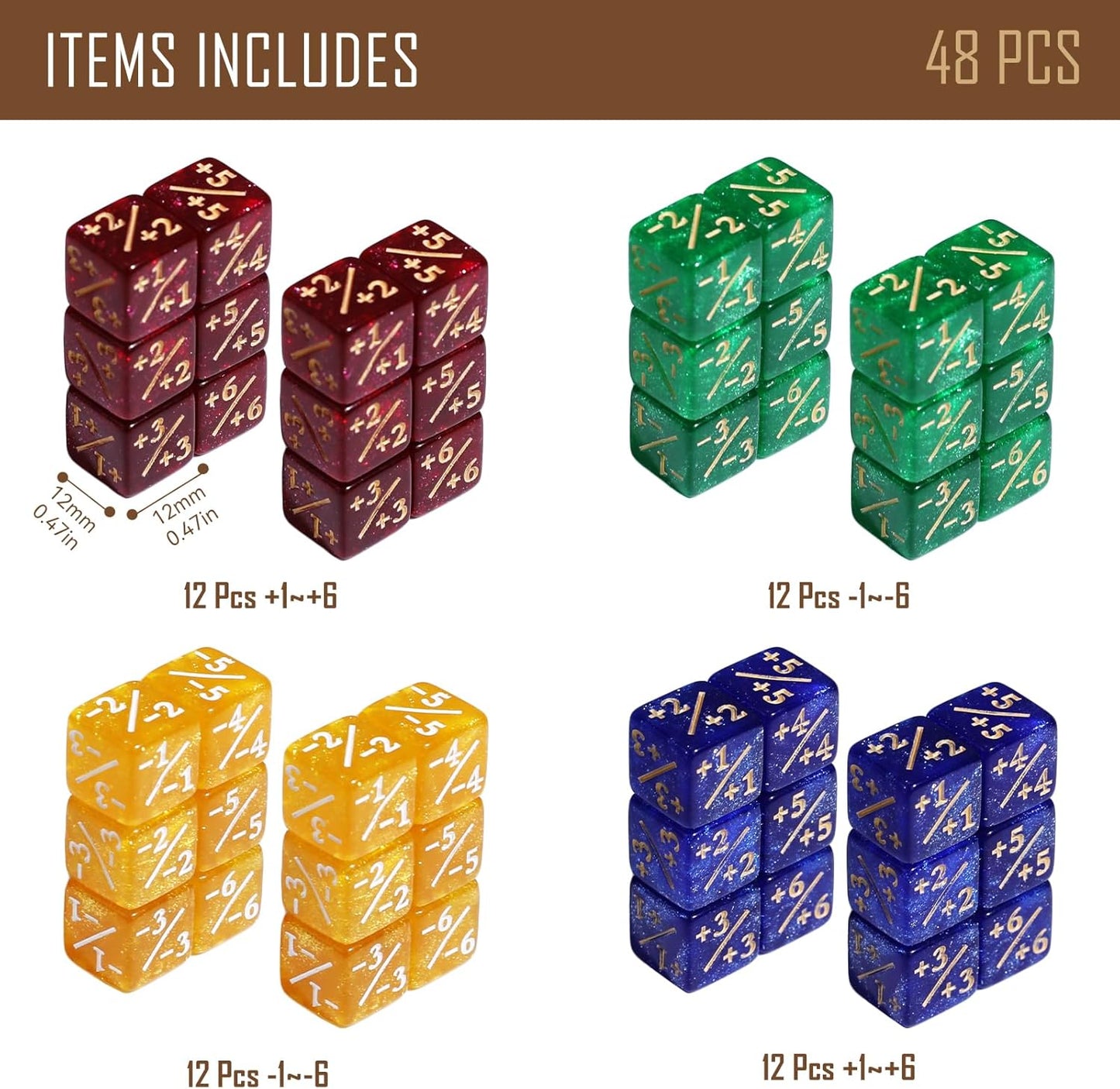 48PCS 12mm Life Counters Dice Set, Small MTG Tokens Loyalty 6 Sided Dice with Box, Compatible MTG Magic Card Game Accessories