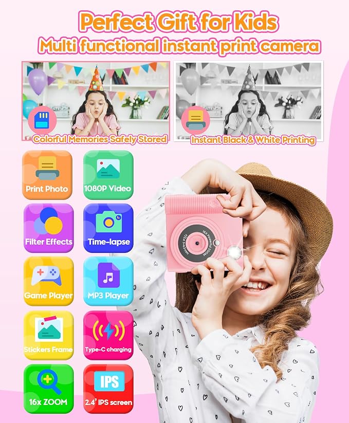 Kids Instant Print Camera Ages 3-12 1080P Selfie 2.4" Screen 32GB Gift Pink | - Image 2