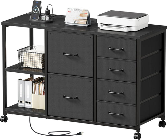 6 Drawer File Cabinet with Charging Station Rolling Printer Stand with Open Storage Shelf Fabric Lateral Filing Cabinet for Home Office,Black